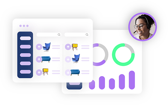 FactFinder interface showcasing online shop solutions with product listings and analytics, featuring a customer support representative.
